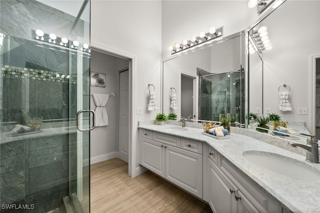 bathroom featuring walk in shower and vanity