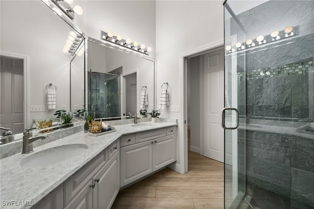 bathroom with wood-type flooring, a shower with door, and vanity