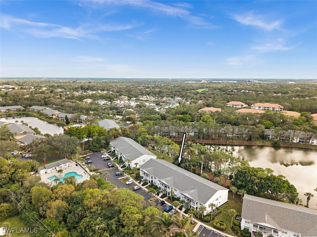 drone / aerial view featuring a water view