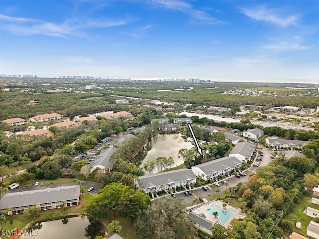 aerial view featuring a water view