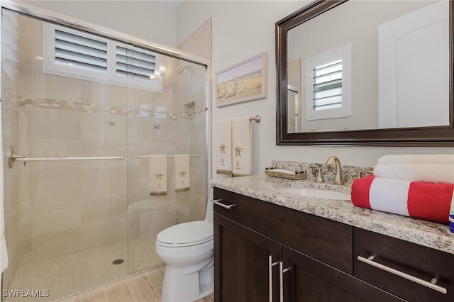 bathroom featuring vanity, toilet, and a shower with door