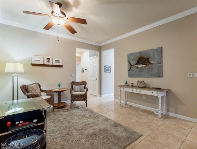 living room with ceiling fan, light tile patterned floors, and ornamental molding