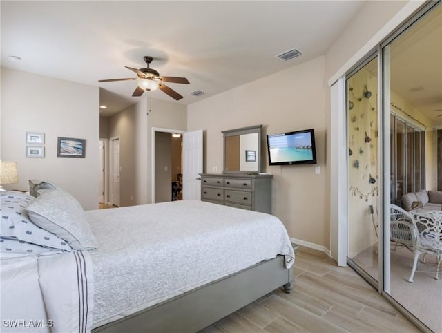 bedroom featuring ceiling fan and a closet