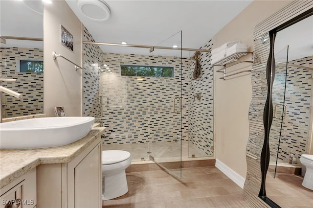 bathroom featuring vanity, toilet, and walk in shower