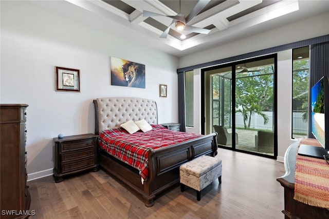 bedroom with beamed ceiling, access to exterior, hardwood / wood-style flooring, ceiling fan, and coffered ceiling