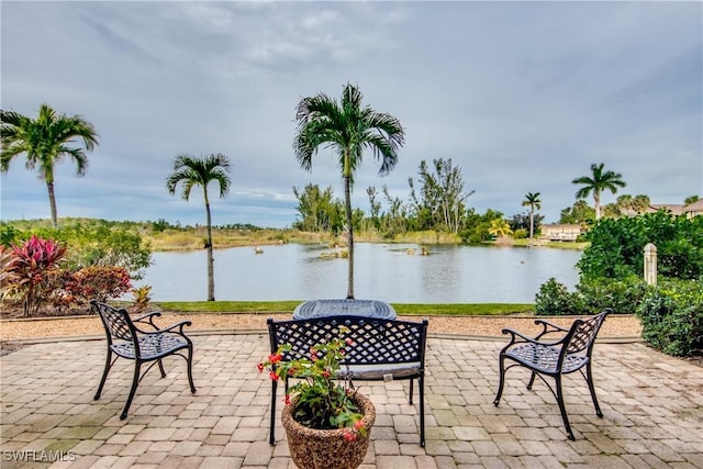 view of patio with a water view