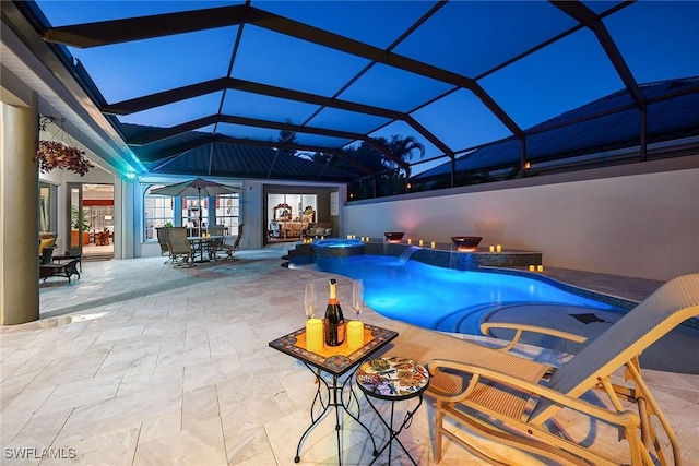 view of pool featuring a lanai, an in ground hot tub, french doors, and a patio