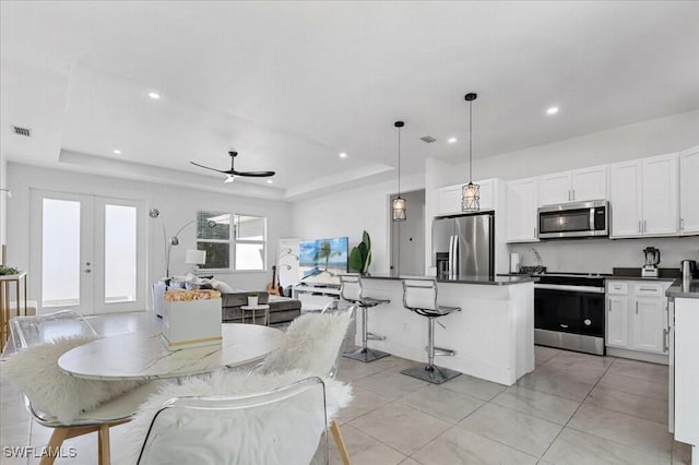 kitchen with a tray ceiling, pendant lighting, a center island, and stainless steel appliances