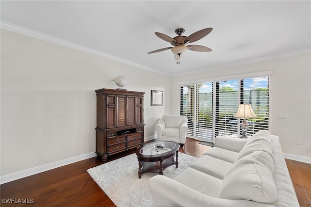 living room with ceiling fan, crown molding, and dark wood-type flooring