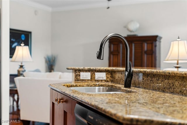 interior details with stone counters, sink, stainless steel dishwasher, backsplash, and crown molding