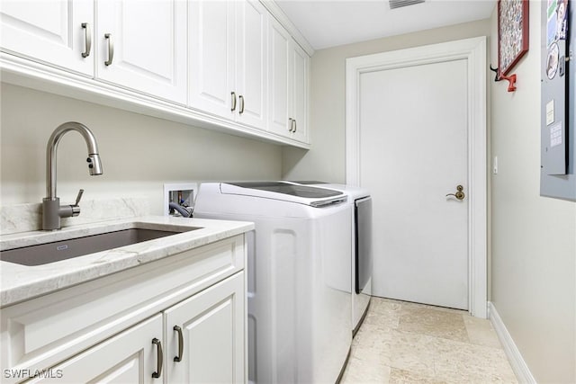 laundry area with cabinets, sink, and washing machine and clothes dryer