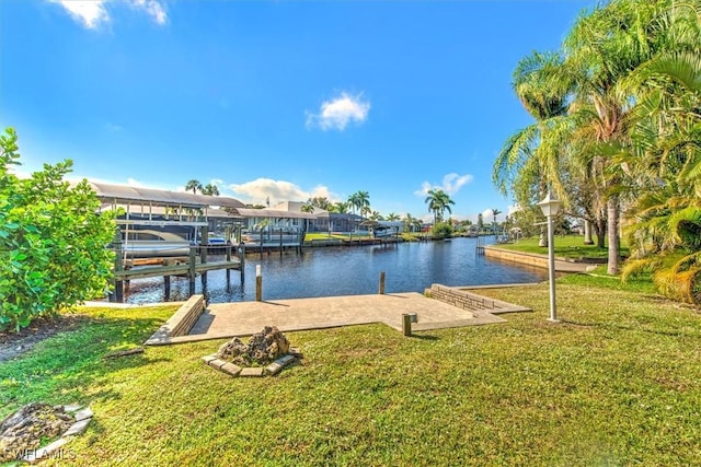 view of dock featuring a lawn and a water view