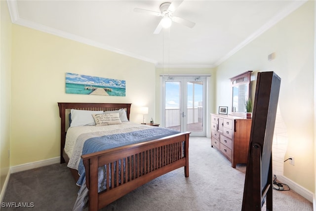 carpeted bedroom featuring french doors, access to outside, ceiling fan, and crown molding