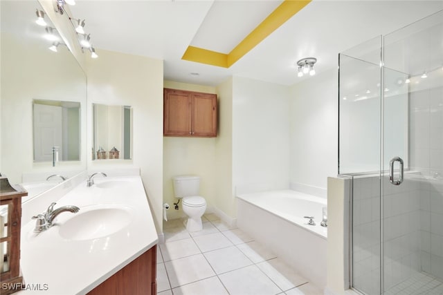 full bathroom with plus walk in shower, tile patterned flooring, vanity, and toilet