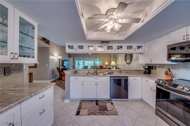 kitchen with sink, white cabinetry, stainless steel appliances, and a tray ceiling