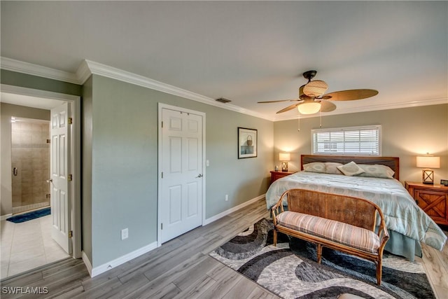 bedroom with light hardwood / wood-style flooring, ceiling fan, and crown molding