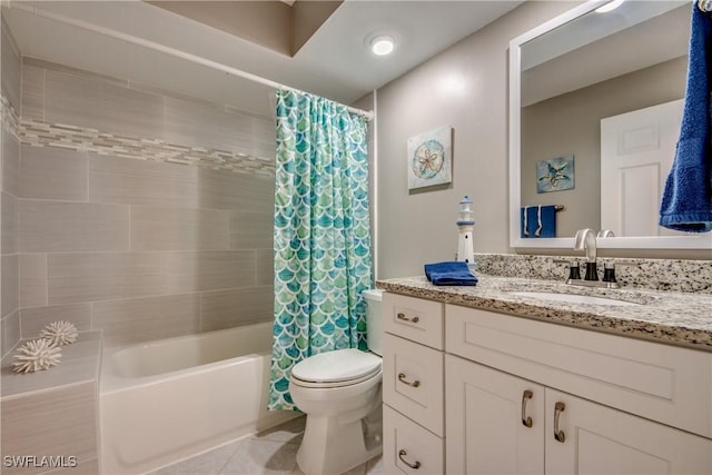 full bathroom with tile patterned flooring, vanity, toilet, and shower / bathtub combination with curtain