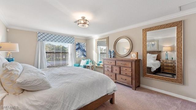 carpeted bedroom with crown molding