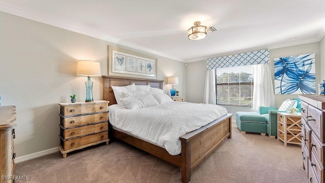 carpeted bedroom with crown molding