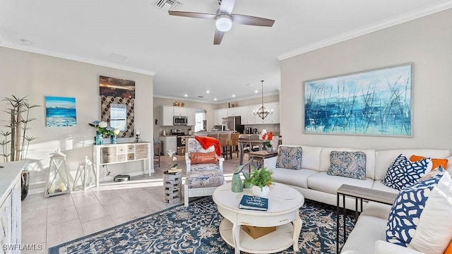 living room featuring ceiling fan with notable chandelier, ornamental molding, and light tile patterned flooring