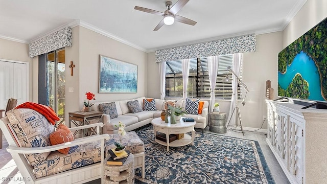 living room featuring ceiling fan and ornamental molding