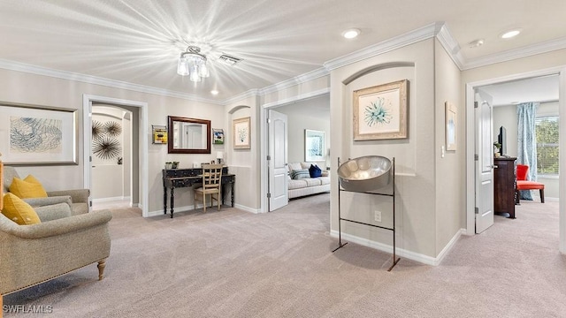 living area featuring crown molding and light carpet