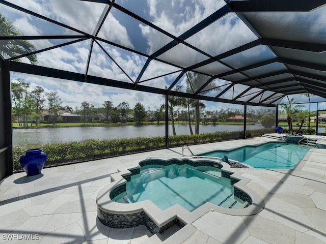 view of swimming pool with glass enclosure, a water view, and a patio