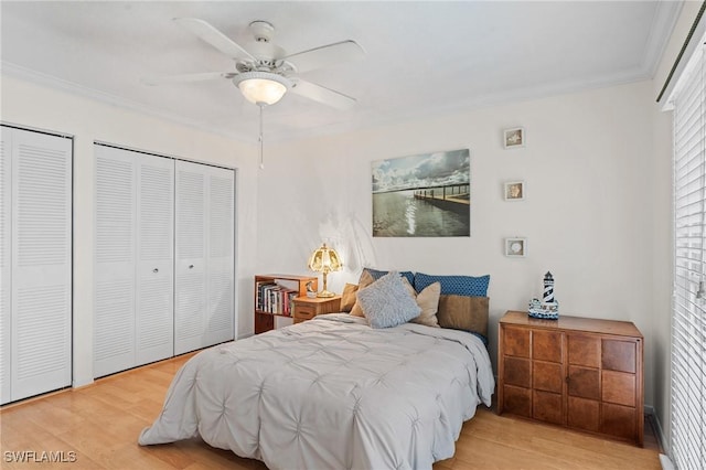 bedroom with ceiling fan, light wood-type flooring, ornamental molding, and multiple closets