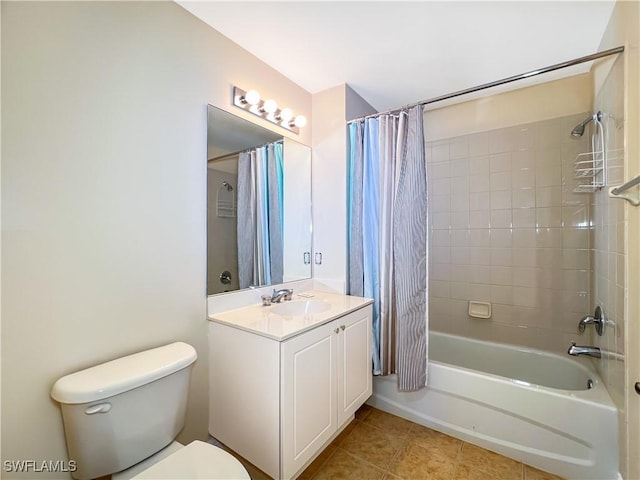 bathroom featuring tile patterned flooring, toilet, vanity, and shower / bath combo with shower curtain