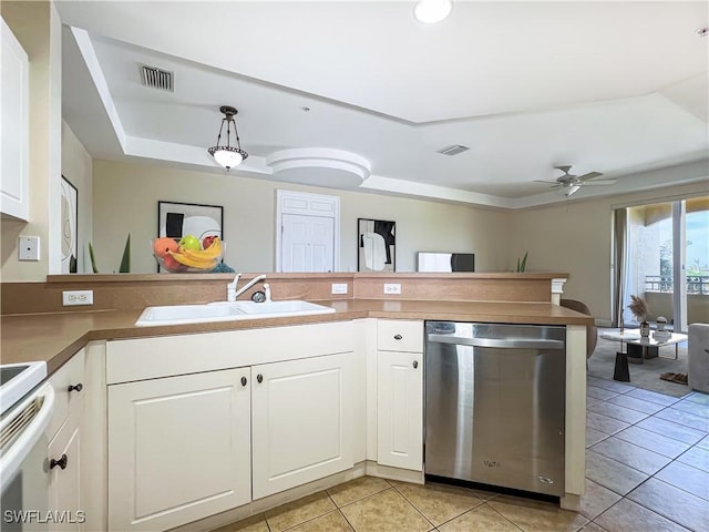 kitchen with dishwasher, sink, ceiling fan, decorative light fixtures, and white cabinetry