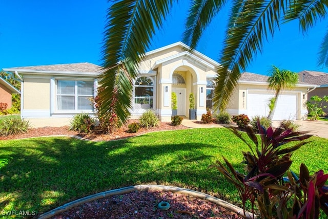 view of front facade featuring a front yard and a garage