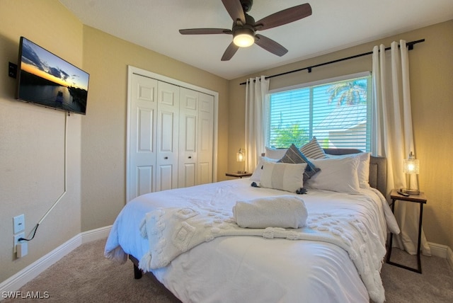 bedroom with carpet flooring, a closet, and ceiling fan