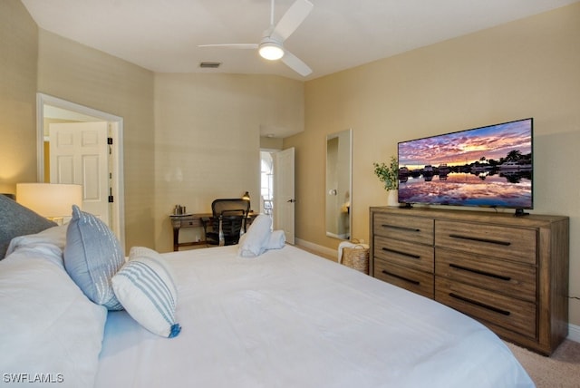 bedroom with ceiling fan and light colored carpet