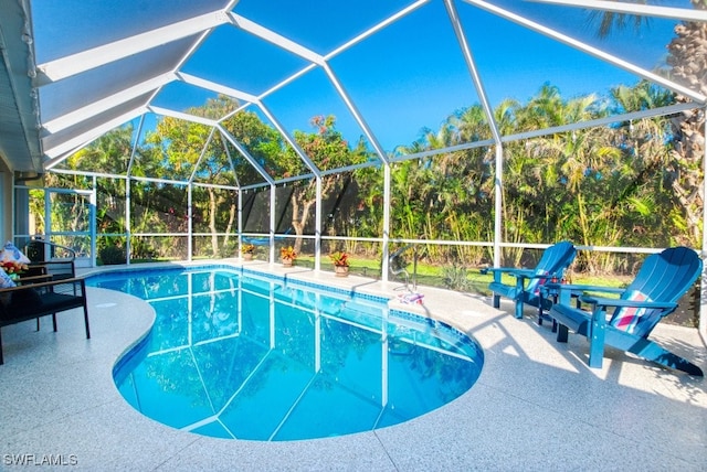 view of swimming pool with a patio area and glass enclosure