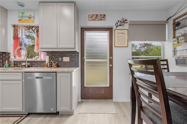 kitchen featuring sink, white cabinets, stainless steel dishwasher, and backsplash