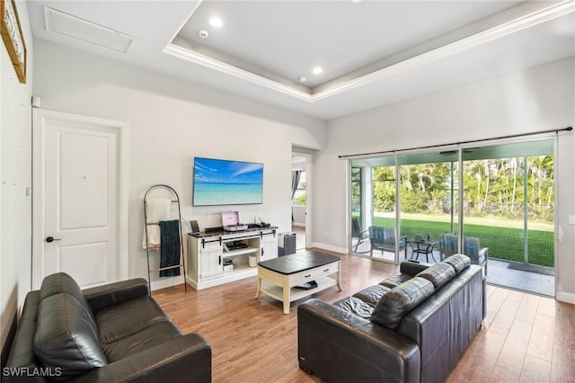 living room with a raised ceiling and light hardwood / wood-style flooring