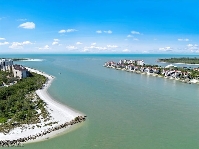 bird's eye view with a water view and a beach view