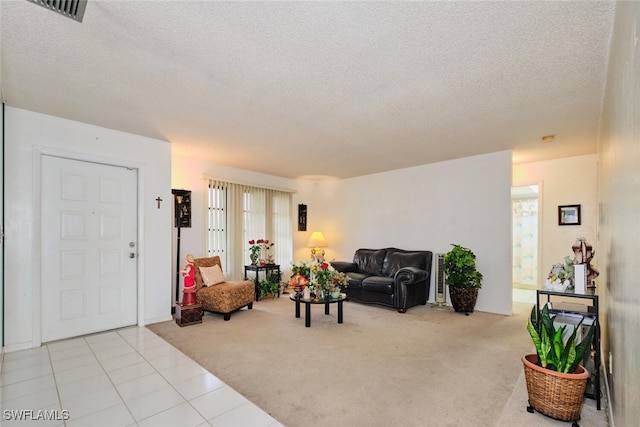 carpeted living room featuring a textured ceiling