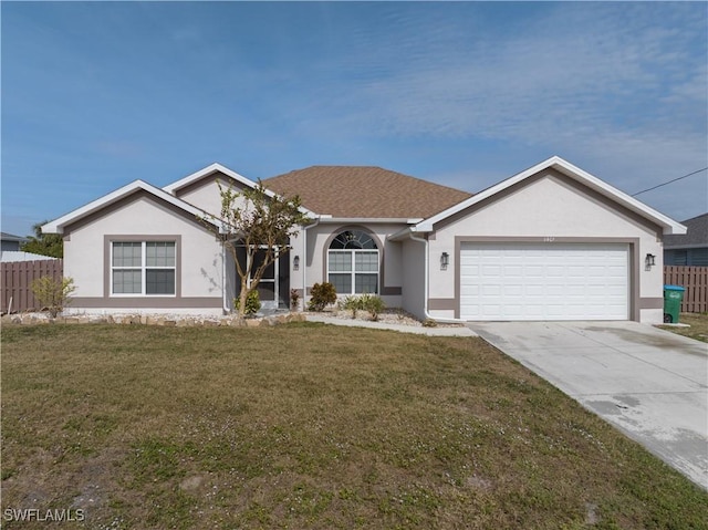 ranch-style home with a garage and a front lawn