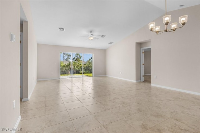 unfurnished room with light tile patterned floors and ceiling fan with notable chandelier