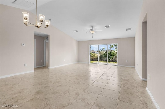 tiled empty room featuring ceiling fan with notable chandelier