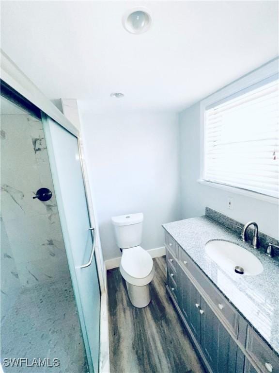 bathroom with vanity, wood-type flooring, a shower with shower door, and toilet