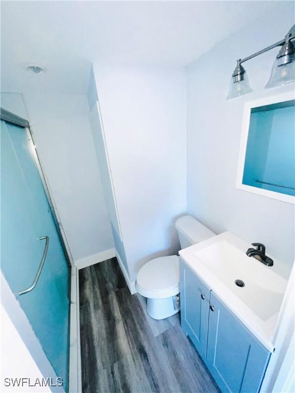 bathroom featuring vanity, toilet, wood-type flooring, and walk in shower