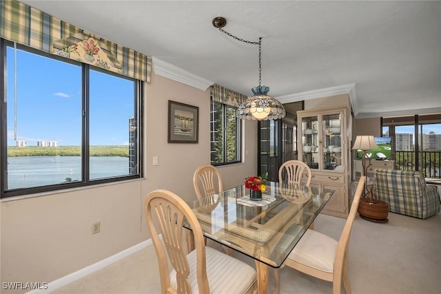 dining area featuring plenty of natural light, a water view, ornamental molding, and carpet floors