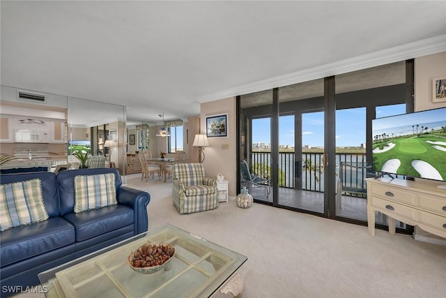 carpeted living room featuring expansive windows and ornamental molding