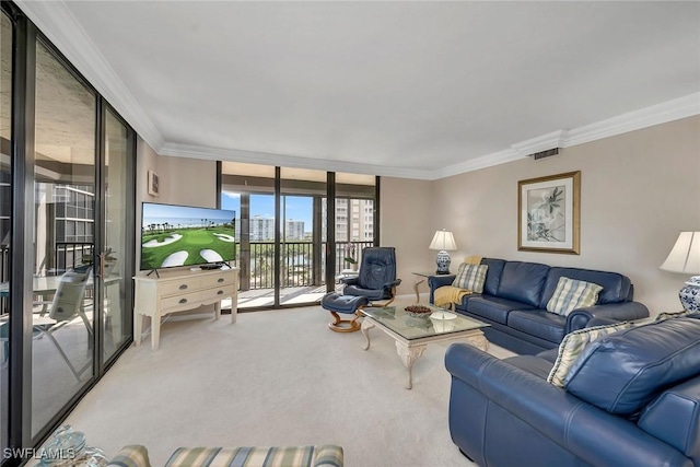 carpeted living room with crown molding and expansive windows