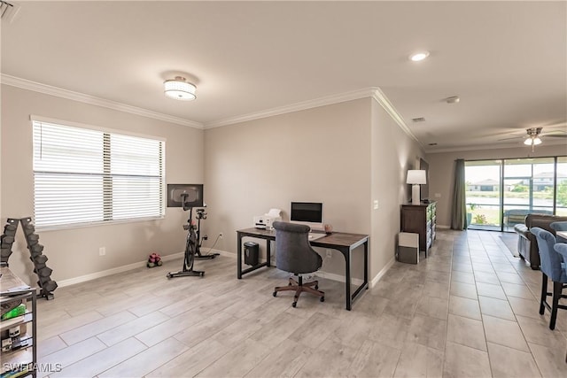 home office with ceiling fan, crown molding, and light wood-type flooring