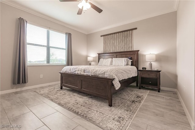 tiled bedroom with ceiling fan and ornamental molding