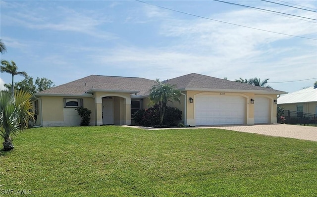 single story home with a front yard, roof with shingles, stucco siding, decorative driveway, and a garage