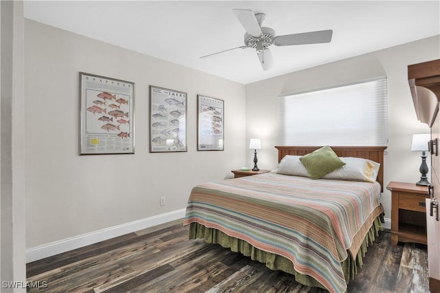 bedroom featuring dark hardwood / wood-style floors and ceiling fan